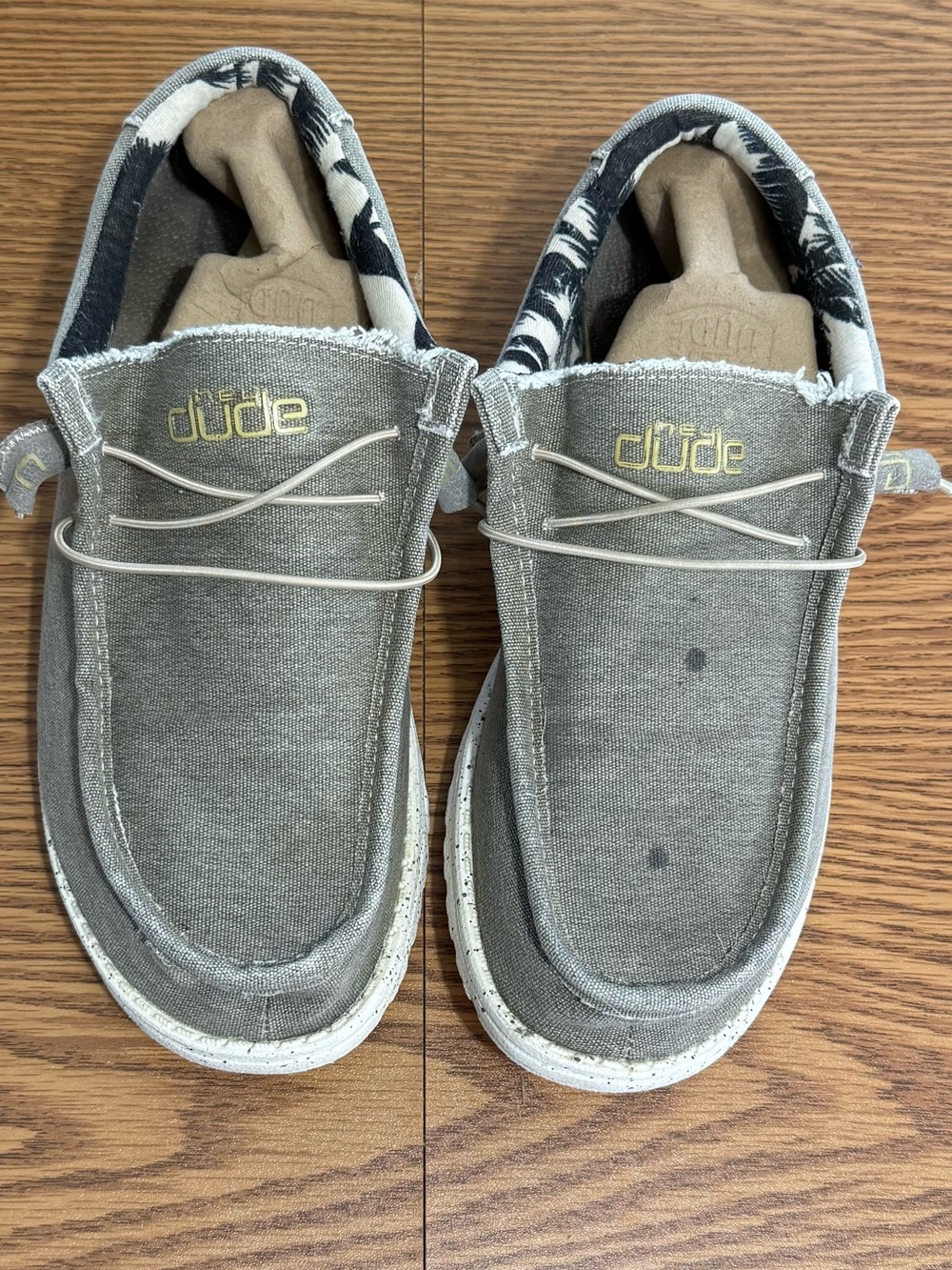 Hey Dude Wally Stretch size 11, outer gray. Inside Black Palm Trees on Beige